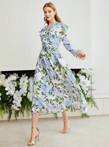 MOTF PREMIUM Vestido Con Diseño Completo De Estampado Con Cuello Notch, Manga Acampanada Con Volantes Y Detalles - Azul - Ver 10