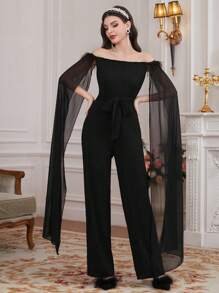 Modelyn 女士露肩網紗開叉長袖連身褲 - 黑色 - 查看 5