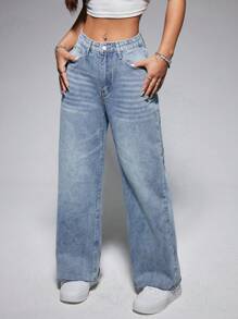 SHEIN EZwear 女士口袋丹寧褲 - 中等水洗藍 - 查看 1