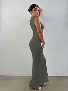 Flirla Conjunto de 2 piezas de unicolor con ajuste ceñido y diseño retorcido - Verde militar - Ver 2