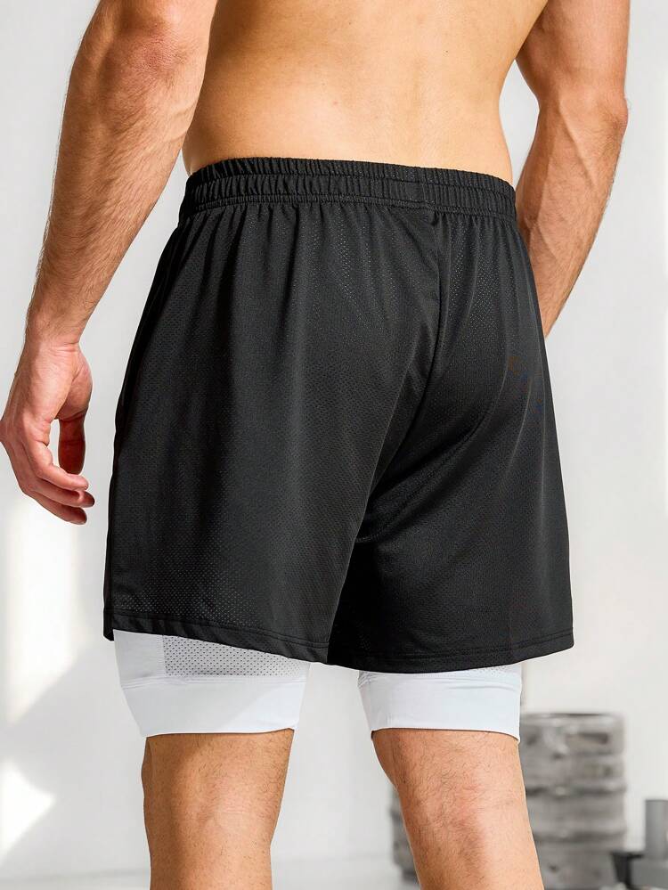 Men's Drawstring Waist Two-In-One Athletic Shorts With Letter Print Jogger Shorts Sweat Pants Black Shorts