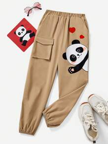 SHEIN Cô gái Tween In gấu trúc Eo dây rút Quần Chạy bộ - Màu be - Xem 1
