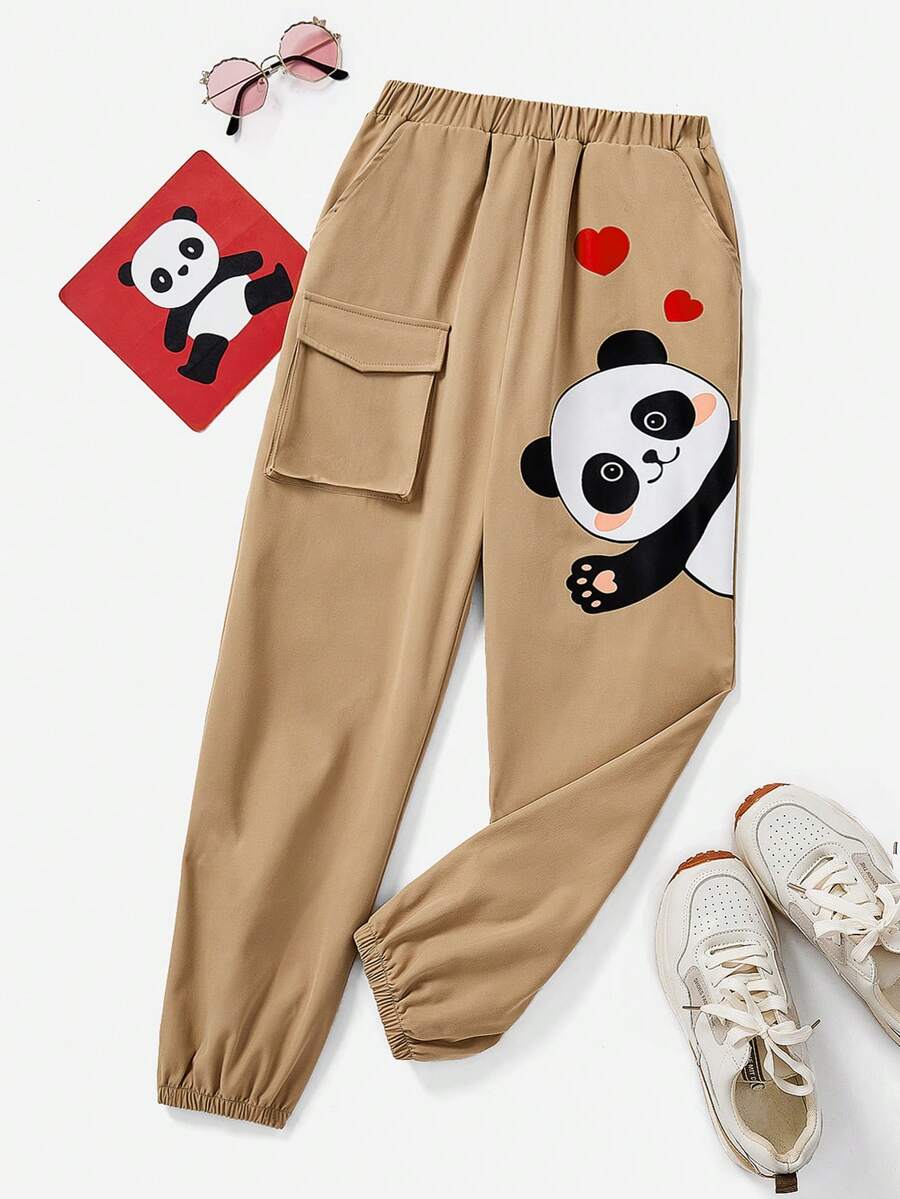 SHEIN Cô gái Tween In gấu trúc Eo dây rút Quần Chạy bộ - Màu be - Xem 1