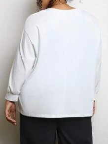 SHEIN CURVE+ Plus Size Women's Abstract Human Face Printed Drop Shoulder Long Sleeve T-Shirt - White - View 2