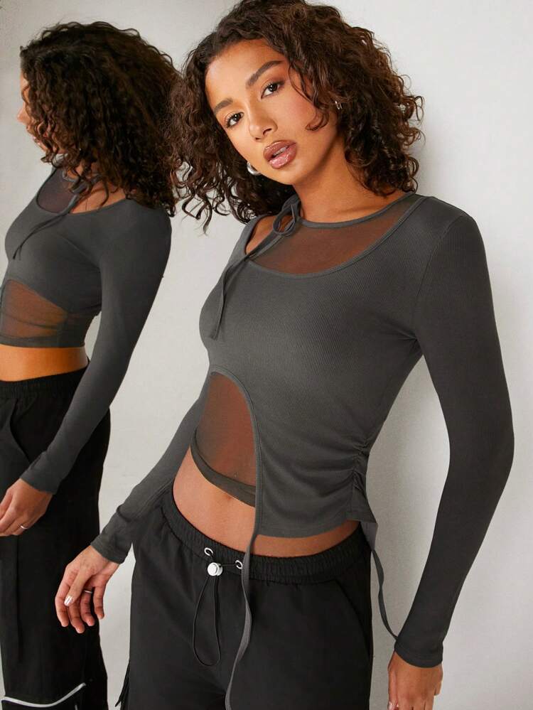 Asymmetric Ribbed Knit Mesh Tie Top