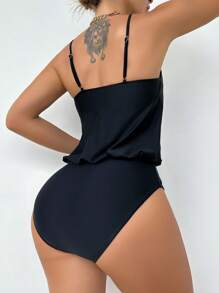 SHEIN Swim 女士純色聚集式吊帶一件式泳衣,適用於夏季、海灘、假期、旅行、節日、游泳池、衝浪 - 黑色 - 查看 2