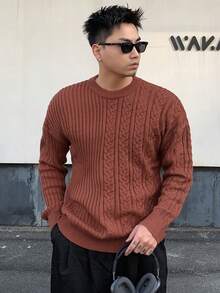 Men Cable Knit Drop Shoulder Sweater Fall,Winter - Red - View 4