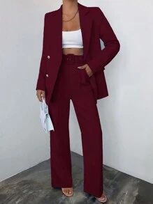 EURMUSE Women's Solid Color Notched Collar Blazer And Pants Suit Set With Belt - Burgundy - View 1