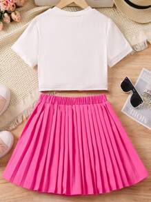 SHEIN Conjunto De Camiseta De Manga Corta Con Estampado De Retrato Y Falda Plisada Para Niñas Preadolescentes, 2 Piezas Por Juego - Rosa Fucsia - Ver 2