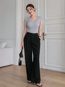 DAZY Solid Color Straight Leg Pants Pockets Women's Suit Pants - Black - View 4