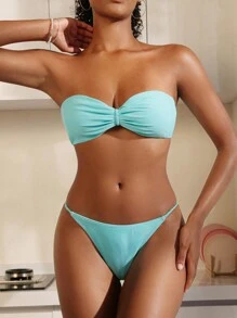 SHEIN Swim 女士褶皺無肩帶比基尼套裝 - 薄荷綠 - 查看 4