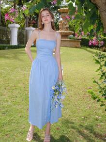 Vestido Camisero Suelto Plisado De Color Liso - Azul - Ver 1