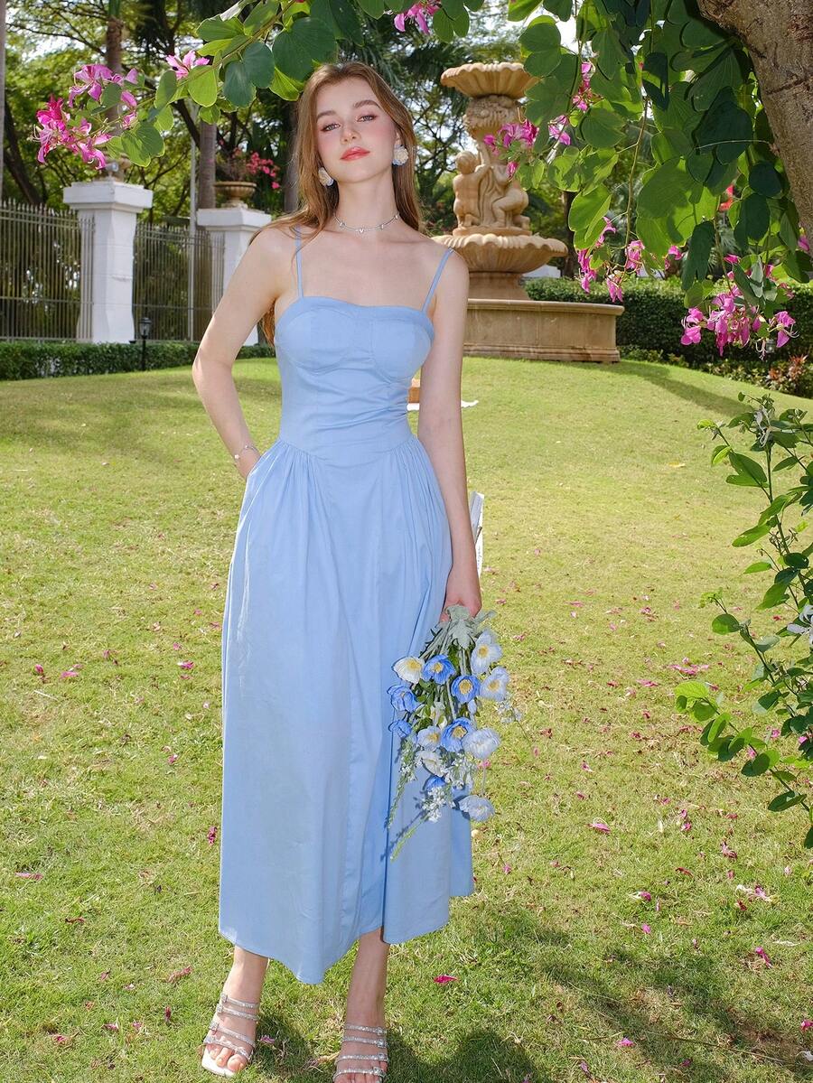 Vestido Camisero Suelto Plisado De Color Liso - Azul - Ver 1