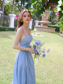 Vestido Camisero Suelto Plisado De Color Liso - Azul - Ver 7