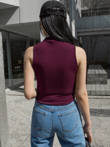 Solid Color Slim Fit Stand Collar Rib Knit Tank Top - Purple - View 2