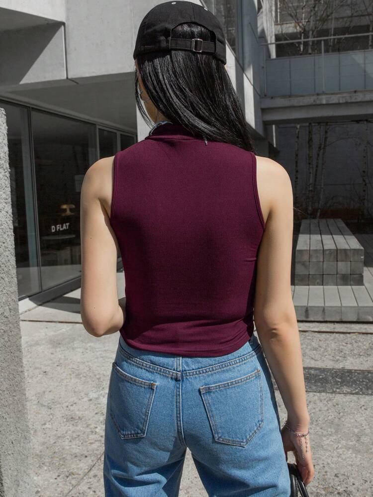 Solid Color Slim Fit Stand Collar Rib Knit Tank Top