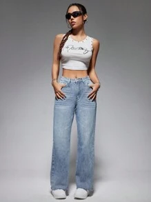 SHEIN EZwear 女士口袋丹寧褲 - 中等水洗藍 - 查看 3