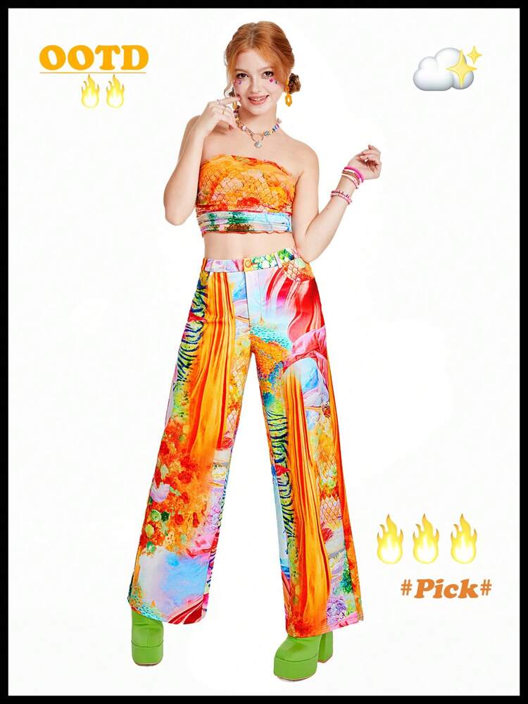 Kidcore Dopamine  Cartoon Graphic Oil Painting Retro Print Two-Piece Outfit