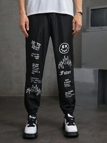 Manfinity RebelGame 男士標語圖案梭織休閒褲 - 黑色 - 查看 6