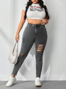 Plus Size Women's Distressed Denim Jeans - Light Grey - View 4