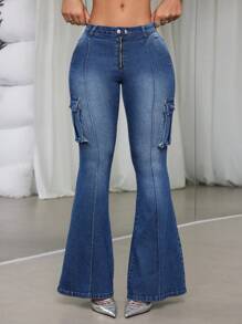 SHEIN ICON Women's Cargo Flared Jeans With Pockets - Medium Wash - View 1