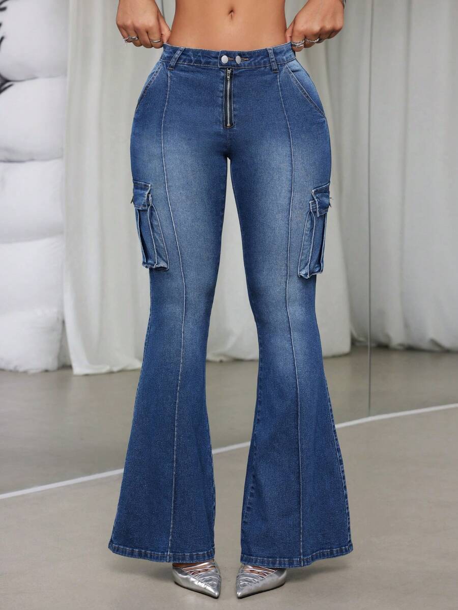 SHEIN ICON Women's Cargo Flared Jeans With Pockets - Medium Wash - View 1