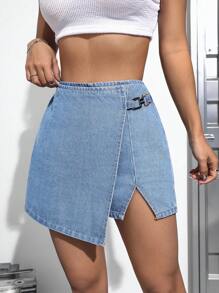 SHEIN EZwear Women's Asymmetrical Wrap Denim Skort