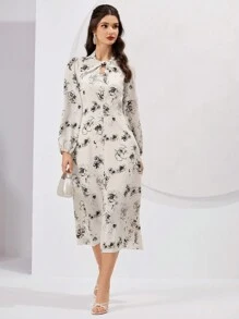 Seusyu 女款花卉印花燈籠袖連身裙 - 杏色 - 查看 4