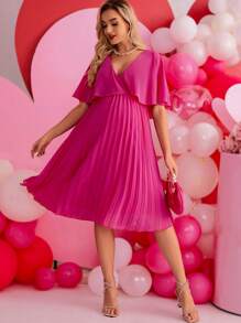 SHEIN Elegant & Romantic Maternity Party Dress With Ruffle Hem - Hot Pink - View 4