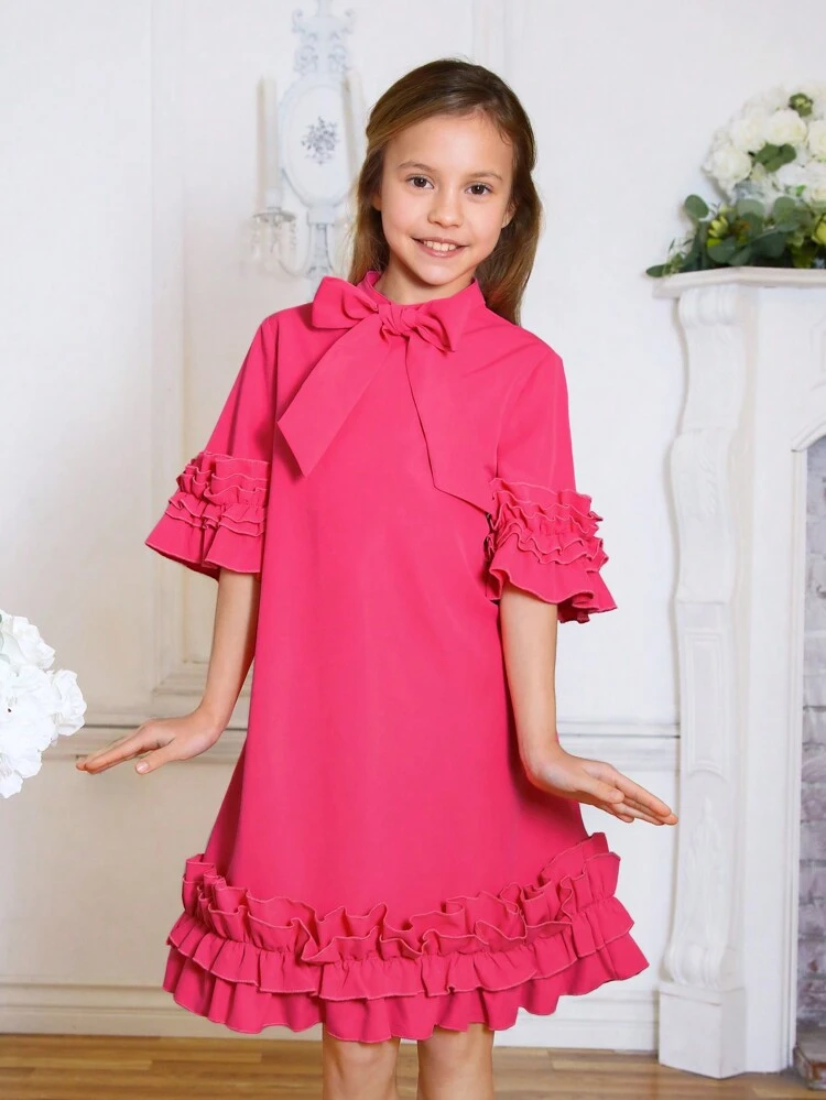 Tween Girls' Bow Tie Stand Collar Mid-Sleeve Multi-Hierarchical Ruffle Frill Hem Decorated Dress
