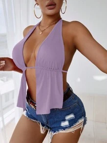 SHEIN SXY 女士中空前綁帶後無背心背心 - 淡紫色 - 查看 4