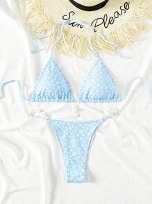 SHEIN Swim 夏季女士碎花露背比基尼套装婚礼 - 藍白色 - 查看 5