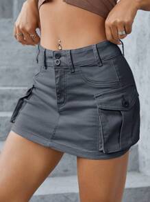 SHEIN ICON Eo thấp Tiện ích Váy Denim - Màu xám đen - Xem 3