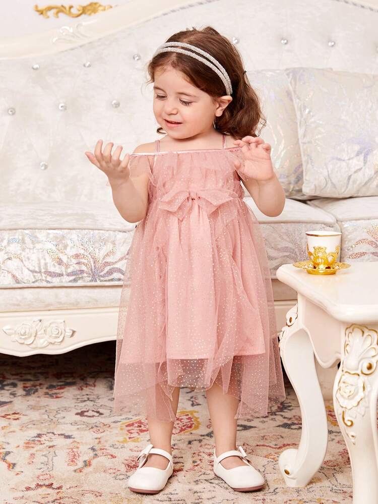Elegant Baby Girl's Mesh Dress With Ruffle Hem, Silver Hot Stamping Detail & Spaghetti Strap (Midi Length)