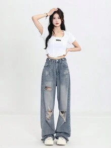 Women Casual Distressed Wide Leg Loose Fit Denim Jeans - Medium Wash - View 3