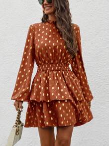 SHEIN Clasi Polka Dot Print High Low Dress With Lantern Sleeves And Ruffle Hem - Orange - View 6