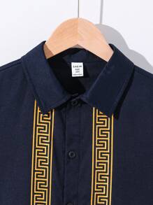 Tween Boy'S Casual Collared Geometric Pattern Jacquard Woven Shirt - Blue - View 10