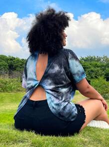 SHEIN EZwear Xa ten Nhuộm buộc Không lưng Vòng cổ Ngắn tay Áo thun - Nhiều màu - Xem 3