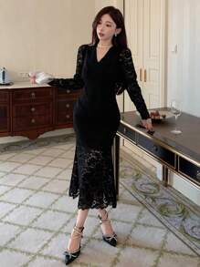 DAZY V-Neck Lace Mid-Length Dress For Women, Birthday ,New Year Eve Prom Dress,Fall Dress Long Sleeve Dress Wedding Women Dresses Elegant Women Dresses Valentine's Day - Black - View 4