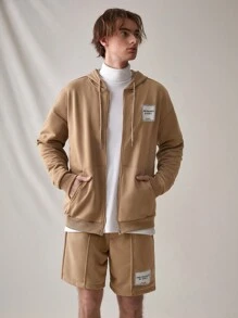 Manfinity VCAY Conjunto Casual de Moletom com Capuz e Shorts Soltos com Patches Decorativos para Homens, para Outono e Inverno