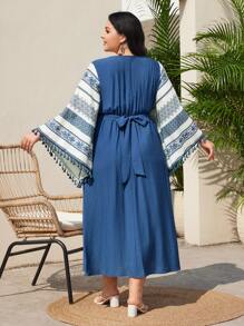 Mulvari 大尺碼女性幾何圖案鐘袖腰帶連衣裙