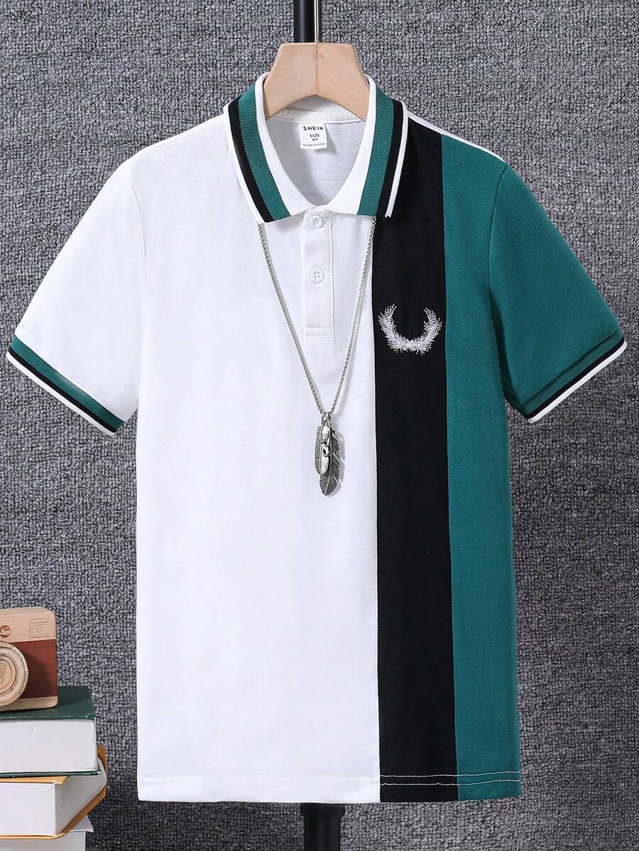 SHEIN 男童短袖復古校徽 Polo 襯衫，襯衫配有翻領，日常休閒服裝 - 墨綠色 - 查看 1