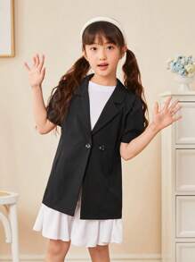 SHEIN Blusa De Manga Corta Para Niña Con Cuello Vuelto Y Conjunto De Falda - Negro - Ver 3