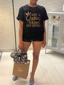 INAWLY Plus Size Women's Crown Pattern Short Sleeve T-Shirt - Black - View 6