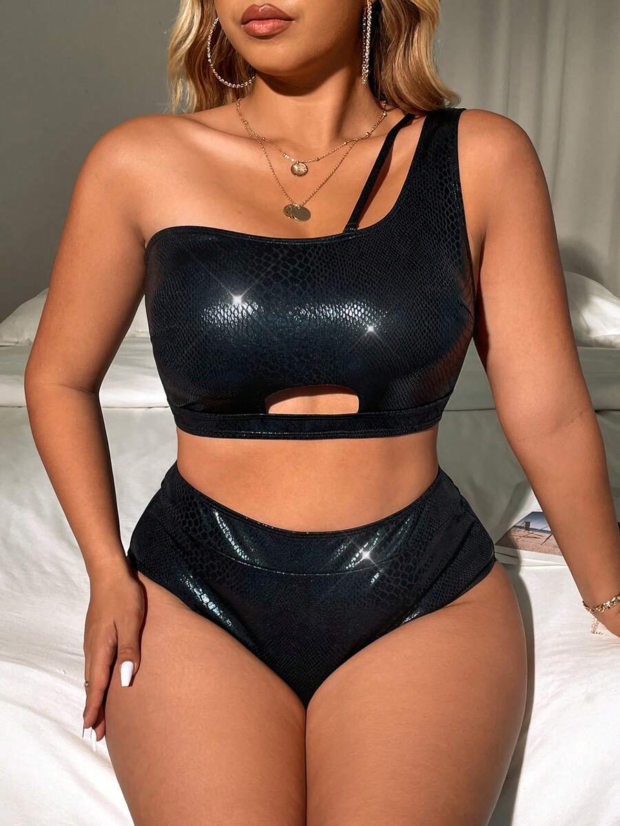 SHEIN Swim Curve 大码女式亮面单肩比基尼套装夏季海滩 - 黑色 - 查看 1