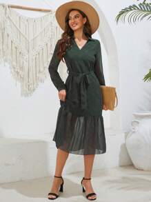 GENKIRA Peplum Hem Long Sleeve Dress With Paisley Print Fall Cloth For Women - Dark Green - View 4