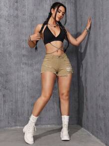 SHEIN ICON Distressed Frayed Hem Denim Shorts - Ginger - View 6