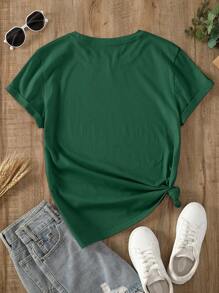 INAWLY Women's Solid Color Simple Short Sleeve T-Shirt - Dark Green - View 2