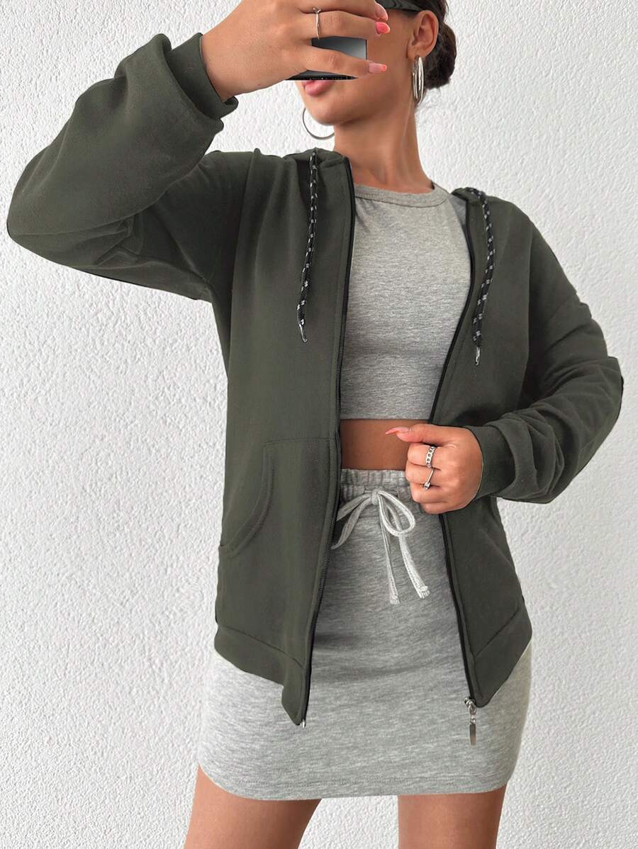 SHEIN Cottnline Sudadera Con Capucha De Cuello Caído Y Cordón De Color Sólido Para Mujer - Caqui - Ver 1