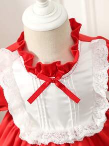 Rot-spitzen-dekoriertes Kleid Für Mädchen Mit Schleife Vorne Für Frühling/sommer